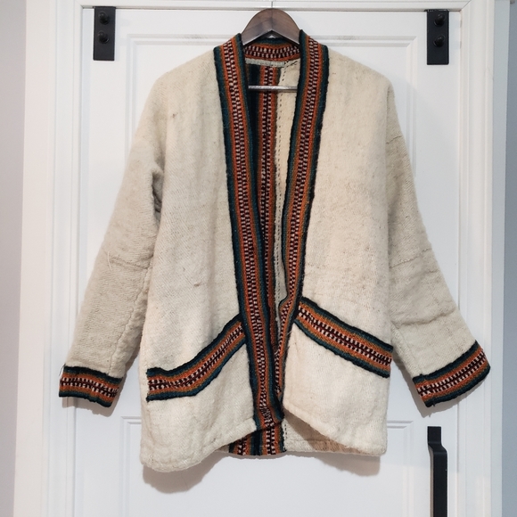 Vtg Native Wool Blend Cardigan Sweater Womens M Beige Woven Stripe Detail - Picture 1 of 10